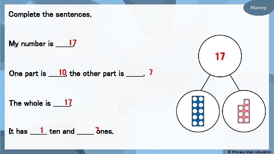 Complete the sentences. 17 My number is _______. 17 10 the other part is