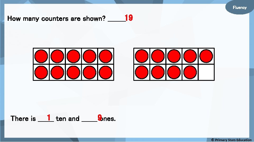 Fluency How many counters are shown? ____19 1 ten and _______ 9 ones. There