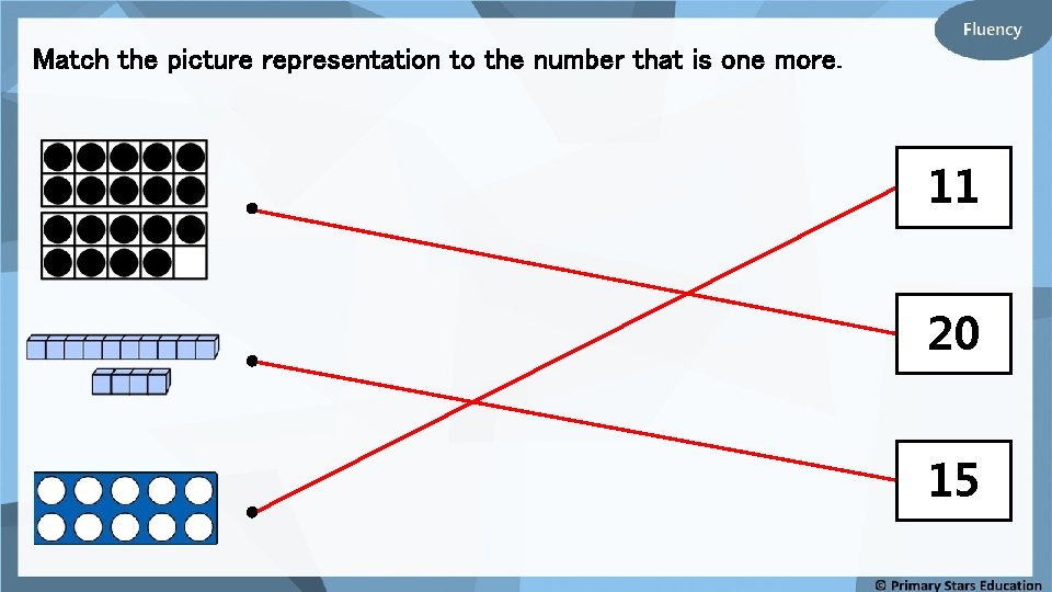 Match the picture representation to the number that is one more. 11 20 15