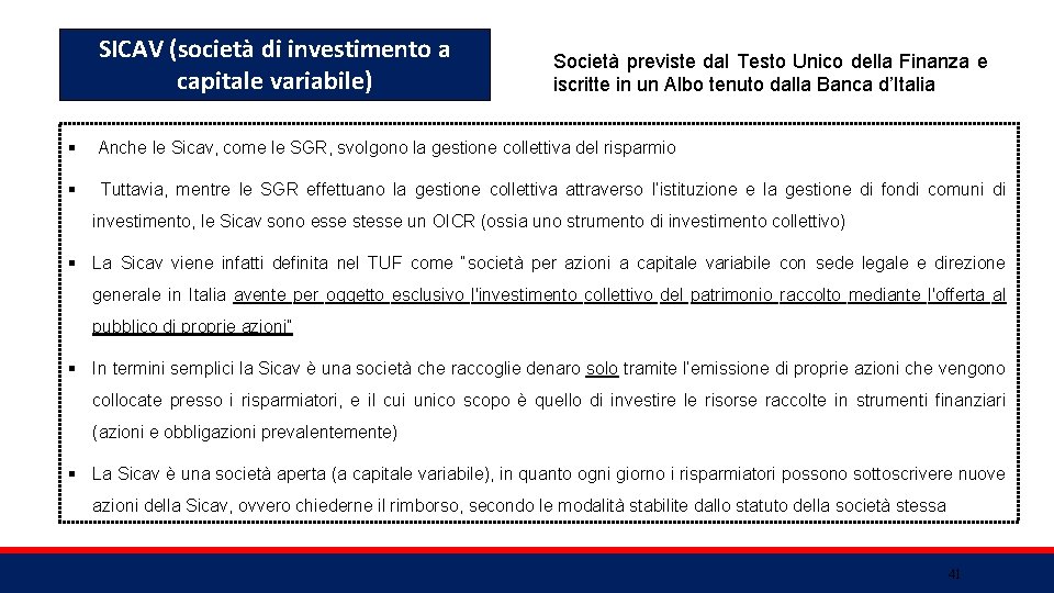 SICAV (società di investimento a capitale variabile) Società previste dal Testo Unico della Finanza