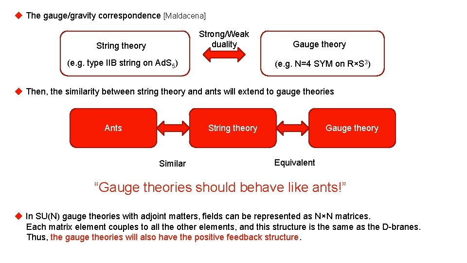 ◆ The gauge/gravity correspondence [Maldacena] Strong/Weak duality String theory (e. g. type IIB string