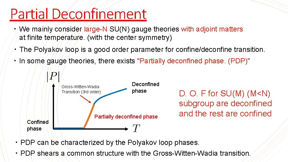 Partial Deconfinement ・ We mainly consider large-N SU(N) gauge theories with adjoint matters at