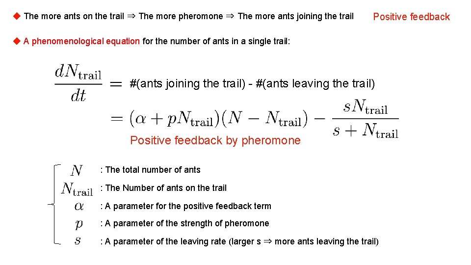 ◆ The more ants on the trail ⇒ The more pheromone ⇒ The more