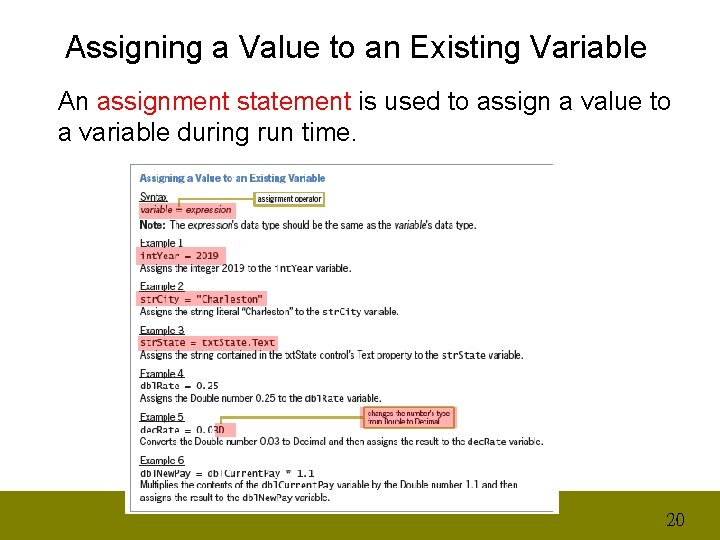 Assigning a Value to an Existing Variable An assignment statement is used to assign