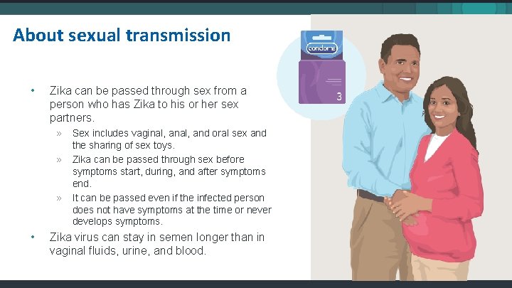 About sexual transmission • Zika can be passed through sex from a person who