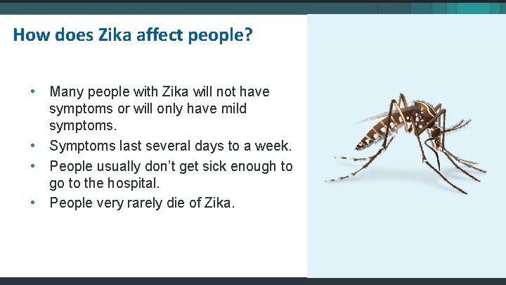 How does Zika affect people? • Many people with Zika will not have symptoms