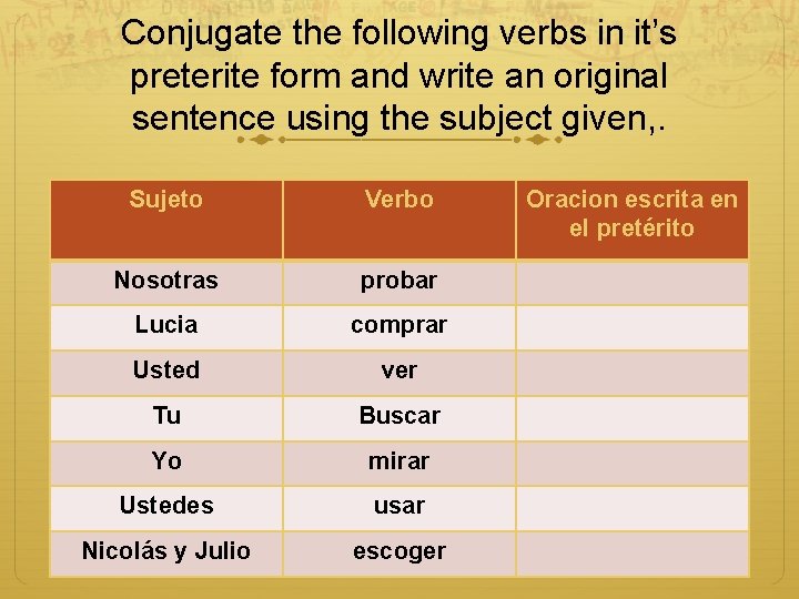 Conjugate the following verbs in it’s preterite form and write an original sentence using