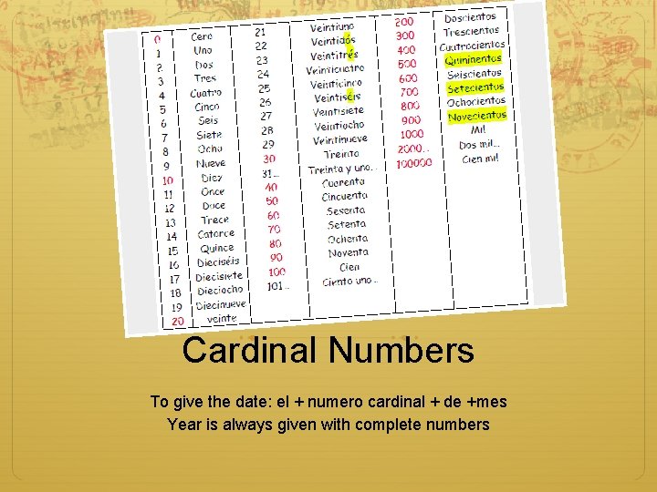 Cardinal Numbers To give the date: el + numero cardinal + de +mes Year