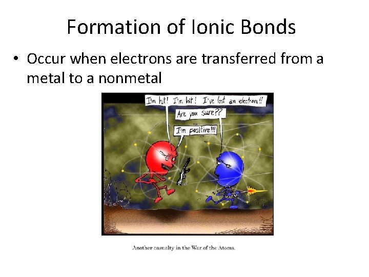 Formation of Ionic Bonds • Occur when electrons are transferred from a metal to