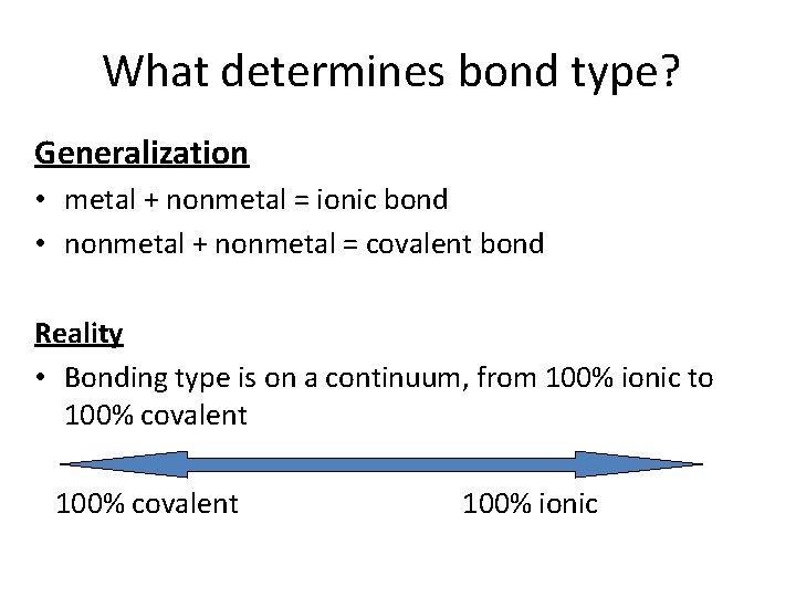What determines bond type? Generalization • metal + nonmetal = ionic bond • nonmetal