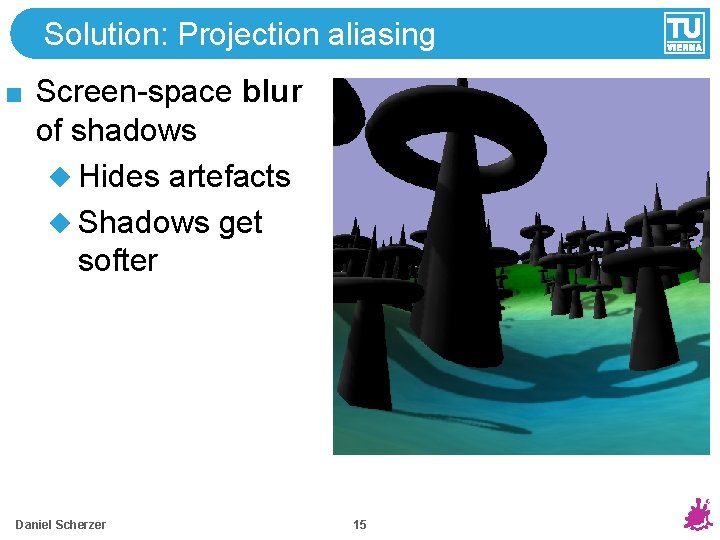 Solution: Projection aliasing Screen-space blur of shadows Hides artefacts Shadows get softer Daniel Scherzer Solution: Projection aliasing Screen-space blur of shadows Hides artefacts Shadows get softer Daniel Scherzer