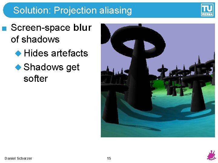 Solution: Projection aliasing Screen-space blur of shadows Hides artefacts Shadows get softer Daniel Scherzer