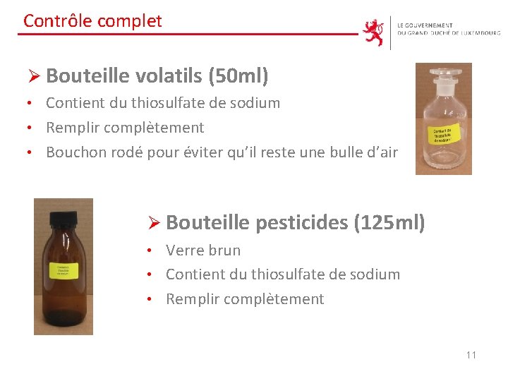 Contrôle complet Ø Bouteille volatils (50 ml) Contient du thiosulfate de sodium • Remplir