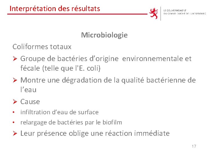 Interprétation des résultats Microbiologie Coliformes totaux Ø Groupe de bactéries d’origine environnementale et fécale