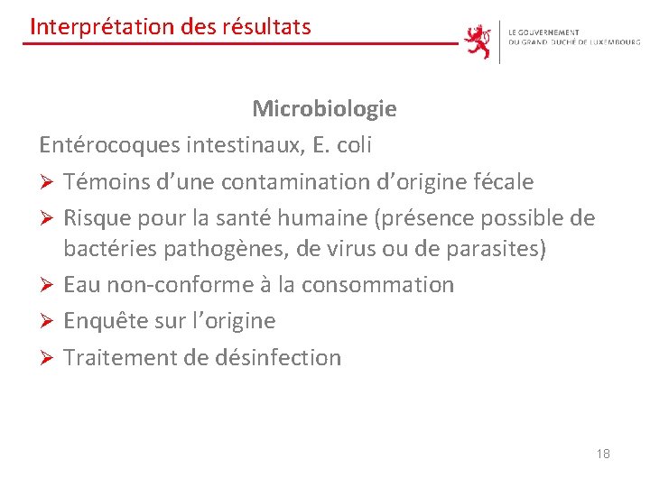 Interprétation des résultats Microbiologie Entérocoques intestinaux, E. coli Ø Témoins d’une contamination d’origine fécale