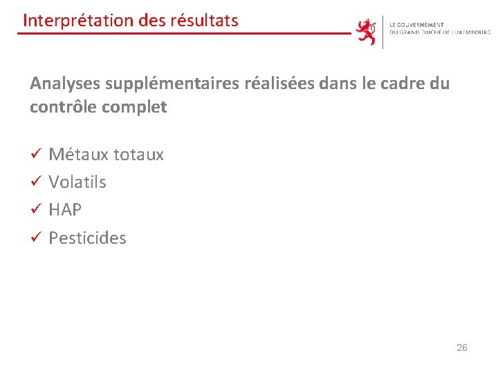 Interprétation des résultats Analyses supplémentaires réalisées dans le cadre du contrôle complet Métaux totaux