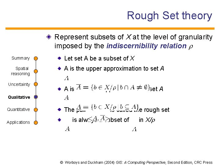 Rough Set theory Represent subsets of X at the level of granularity imposed by