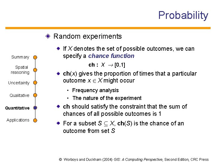 Probability Random experiments Summary Spatial reasoning Uncertainty Qualitative Quantitative Applications If X denotes the