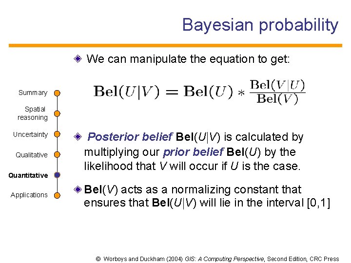 Bayesian probability We can manipulate the equation to get: Summary Spatial reasoning Uncertainty Qualitative