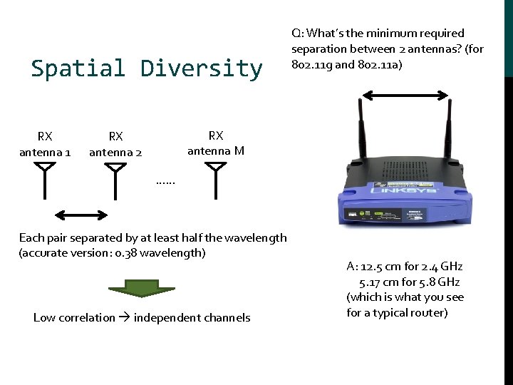 Spatial Diversity RX antenna 1 Q: What’s the minimum required separation between 2 antennas?