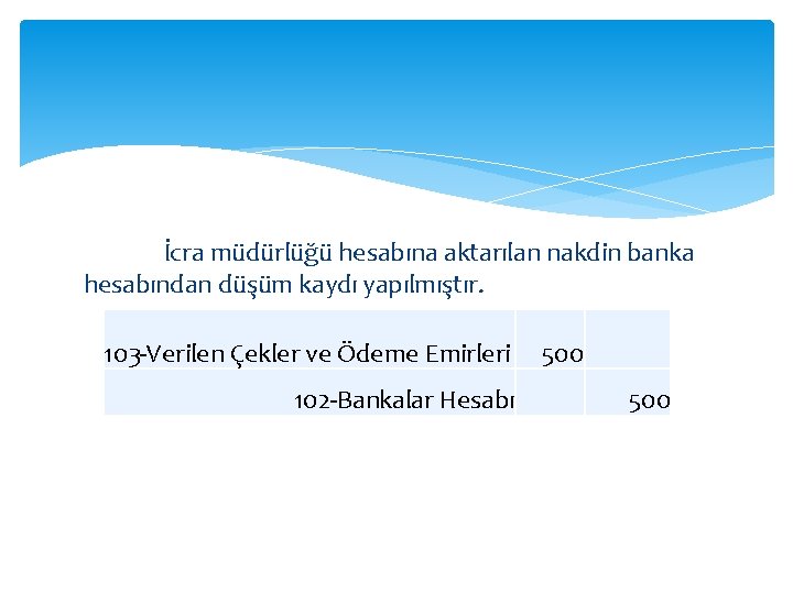  İcra müdürlüğü hesabına aktarılan nakdin banka hesabından düşüm kaydı yapılmıştır. 103 -Verilen Çekler