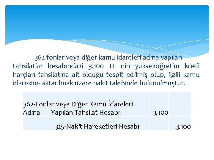  362 fonlar veya diğer kamu idareleri adına yapılan tahsilatlar hesabındaki 3. 100 TL