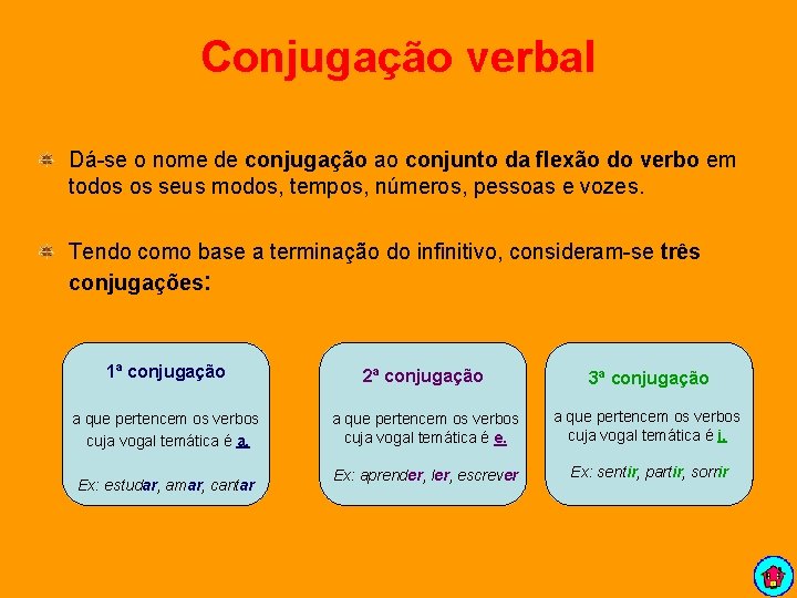 Conjugação verbal Dá-se o nome de conjugação ao conjunto da flexão do verbo em
