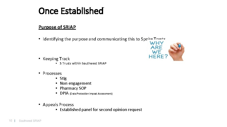 Once Established Purpose of SRIAP • Identifying the purpose and communicating this to Spoke