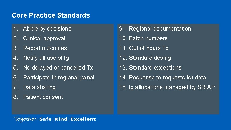 Core Practice Standards 1. Abide by decisions 9. Regional documentation 2. Clinical approval 10.