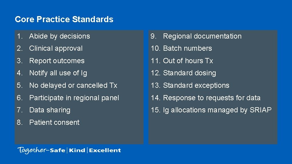 Core Practice Standards 1. Abide by decisions 9. Regional documentation 2. Clinical approval 10. Core Practice Standards 1. Abide by decisions 9. Regional documentation 2. Clinical approval 10.