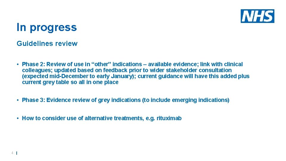In progress Guidelines review • Phase 2: Review of use in “other” indications –