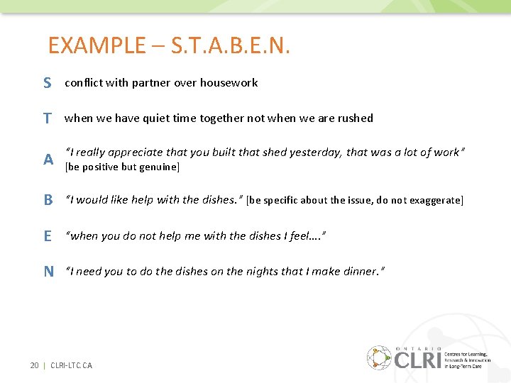 EXAMPLE – S. T. A. B. E. N. S conflict with partner over housework