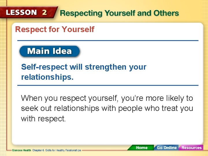 Respect for Yourself Self-respect will strengthen your relationships. When you respect yourself, you’re more