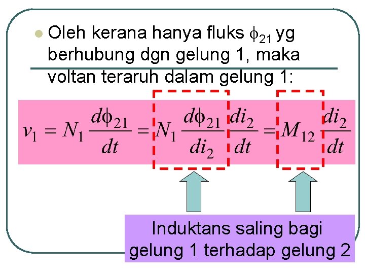 l Oleh kerana hanya fluks 21 yg berhubung dgn gelung 1, maka voltan teraruh