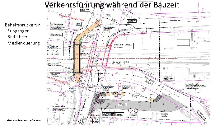 Verkehrsführung während der Bauzeit Behelfsbrücke für: - Fußgänger - Radfahrer - Medienquerung Plan: Straßen-