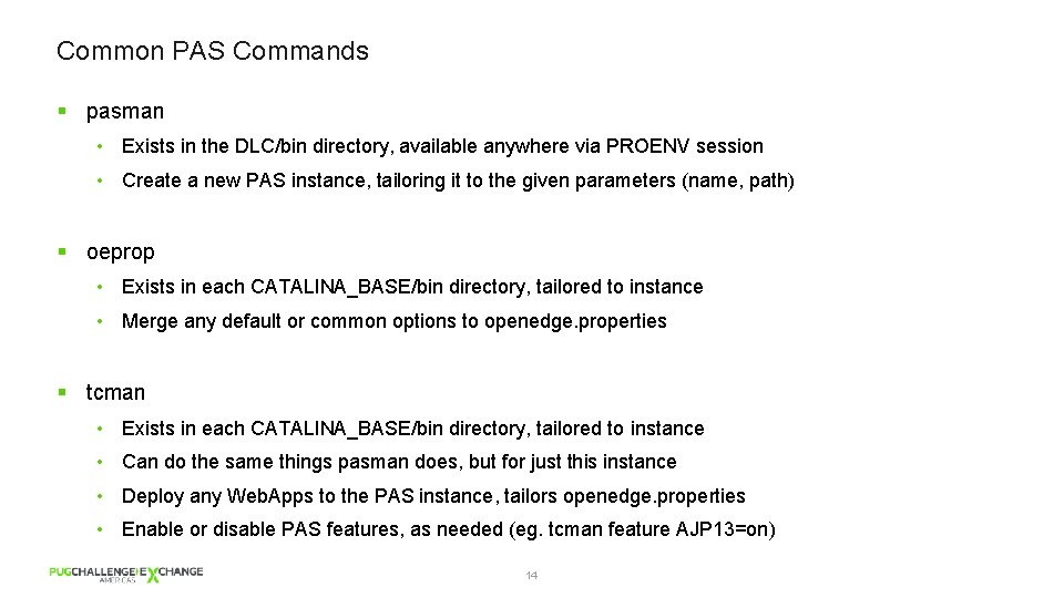 Common PAS Commands § pasman • Exists in the DLC/bin directory, available anywhere via