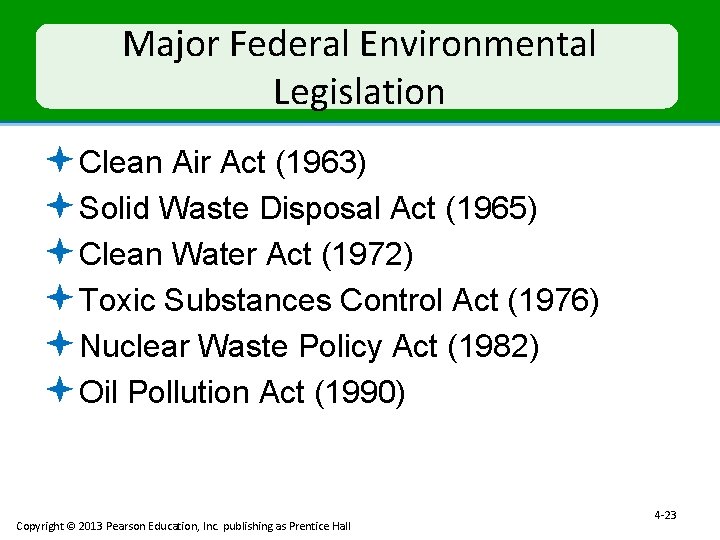 Major Federal Environmental Legislation ª Clean Air Act (1963) ª Solid Waste Disposal Act