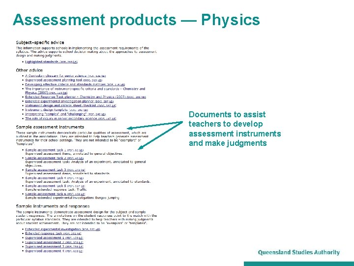 Assessment products — Physics Documents to assist teachers to develop assessment instruments and make