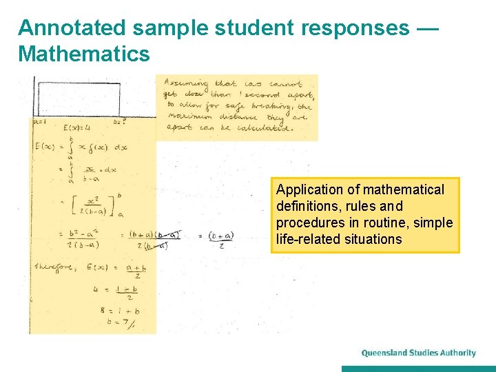 Annotated sample student responses — Mathematics Application of mathematical definitions, rules and procedures in