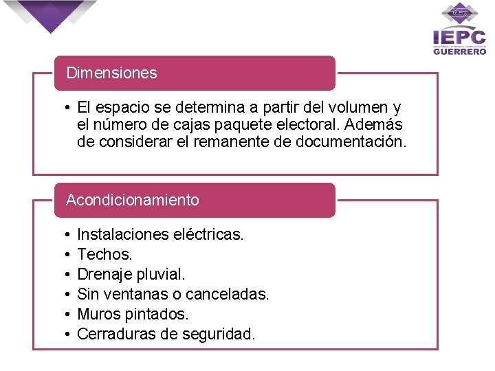 Dimensiones • El espacio se determina a partir del volumen y el número de