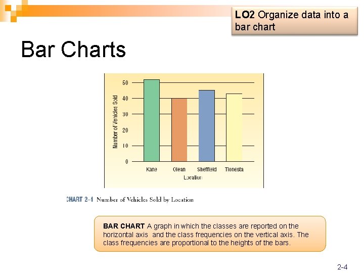 LO 2 Organize data into a bar chart Bar Charts BAR CHART A graph