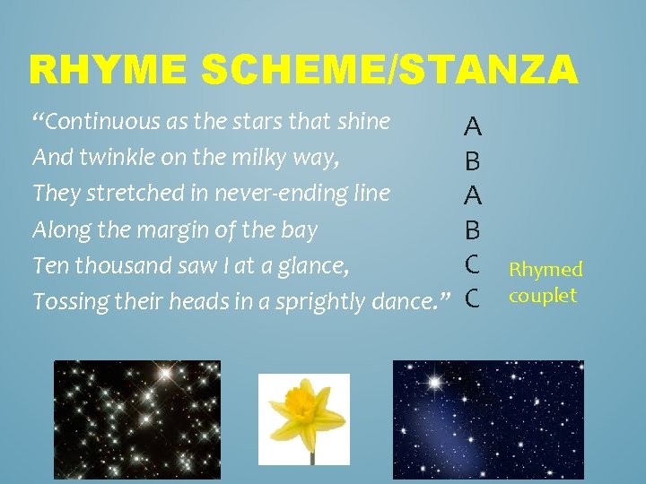 RHYME SCHEME/STANZA “Continuous as the stars that shine And twinkle on the milky way,