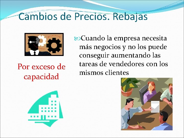 Cambios de Precios. Rebajas Por exceso de capacidad Cuando la empresa necesita más negocios