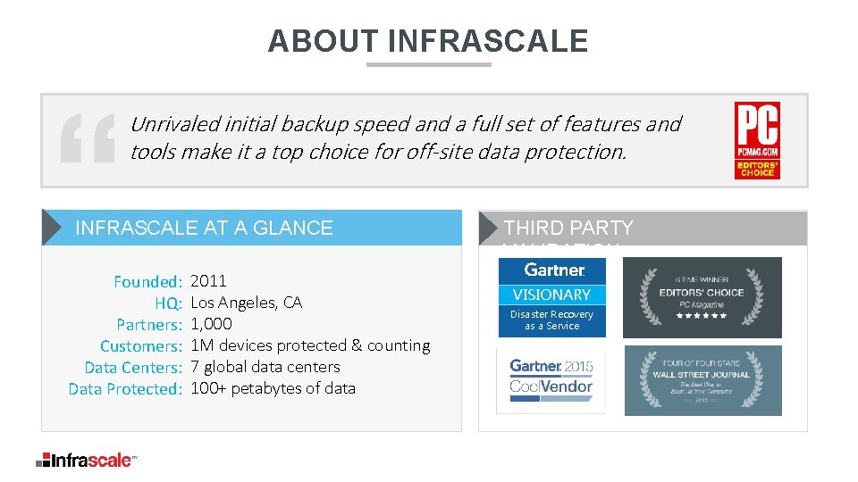 ABOUT INFRASCALE Unrivaled initial backup speed and a full set of features and tools