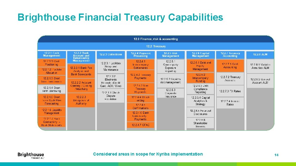 Brighthouse Financial Treasury Capabilities Considered areas in scope for Kyriba implementation 14 