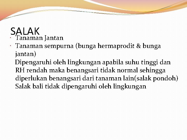 SALAK Tanaman Jantan Tanaman sempurna (bunga hermaprodit & bunga jantan) Dipengaruhi oleh lingkungan apabila