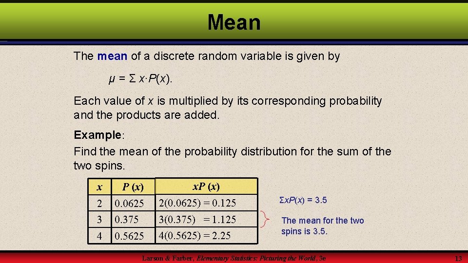 Mean The mean of a discrete random variable is given by μ = Σ