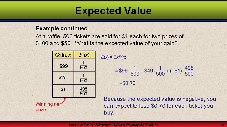 Expected Value Example continued: At a raffle, 500 tickets are sold for $1 each