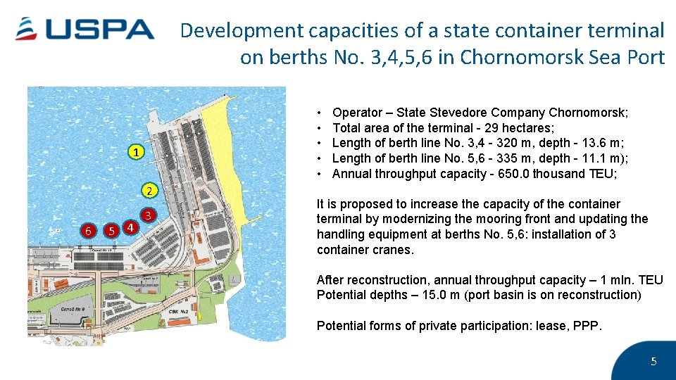 Development capacities of a state container terminal on berths No. 3, 4, 5, 6