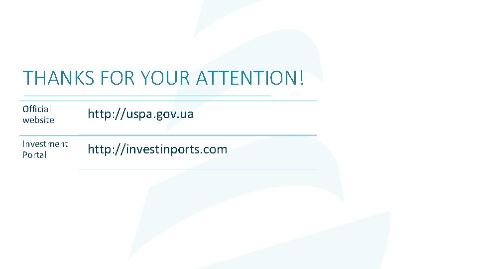 THANKS FOR YOUR ATTENTION! Official website http: //uspa. gov. ua Investment Portal http: //investinports.